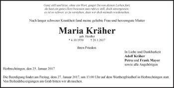 Traueranzeige von Maria  Kräher von Heidenheimer Zeitung