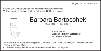 Traueranzeige von Barbara Bartoschek von Heidenheimer Zeitung