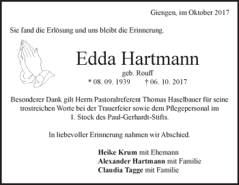 Traueranzeige von Edda Hartmann von Heidenheimer Zeitung