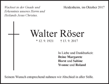 Traueranzeige von Walter Röser von Heidenheimer Zeitung