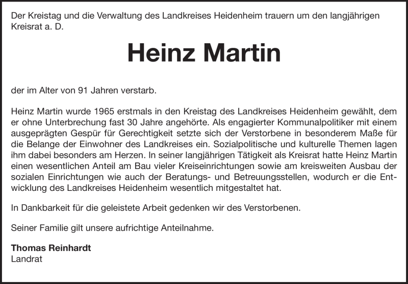  Traueranzeige für Heinz  Martin vom 02.10.2017 aus Heidenheimer Zeitung