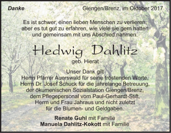 Traueranzeige von Hedwig Dahlitz von Heidenheimer Zeitung
