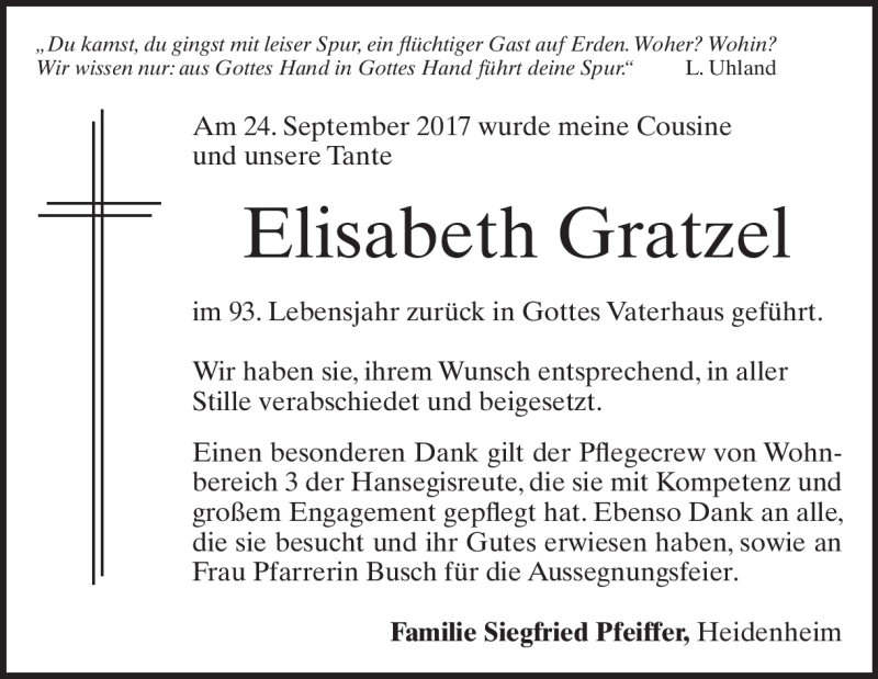  Traueranzeige für Elisabeth Gratzel vom 04.10.2017 aus Heidenheimer Zeitung