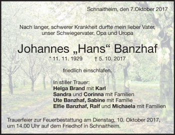 Traueranzeige von Johannes Banzhaf von Heidenheimer Zeitung