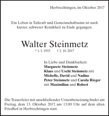 Traueranzeige von Walter Steinmetz von Heidenheimer Zeitung