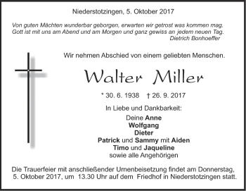 Traueranzeige von Walter Miller von Heidenheimer Zeitung