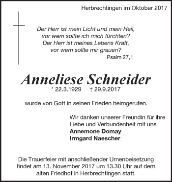 Traueranzeige von Anneliese Schneider von Heidenheimer Zeitung