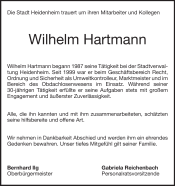 Traueranzeige von Wilhelm Hartmann von Heidenheimer Zeitung
