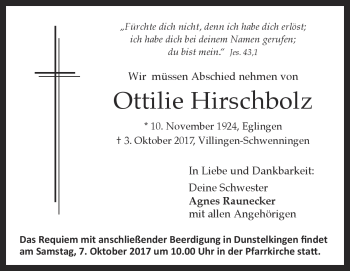 Traueranzeige von Ottilie Hirschbolz von Heidenheimer Zeitung