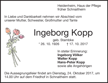 Traueranzeige von Ingeborg Kopp von Heidenheimer Zeitung