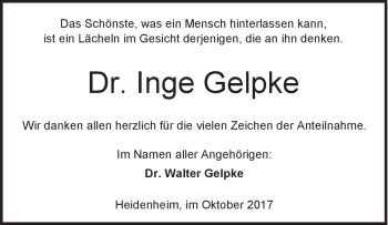 Traueranzeige von Inge Gelpke von Heidenheimer Zeitung