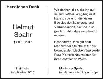 Traueranzeige von Helmut Spahr von Heidenheimer Zeitung