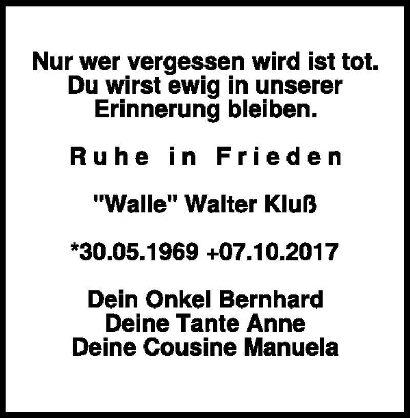  Traueranzeige für Walter Kluß vom 17.10.2017 aus Heidenheimer Zeitung