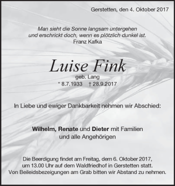 Traueranzeige von Luise Fink von Heidenheimer Zeitung