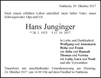 Traueranzeige von Hans Junginger von Heidenheimer Zeitung