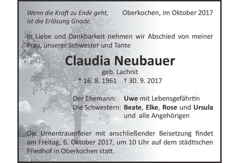  Traueranzeige für Claudia Neubauer vom 05.10.2017 aus Heidenheimer Zeitung