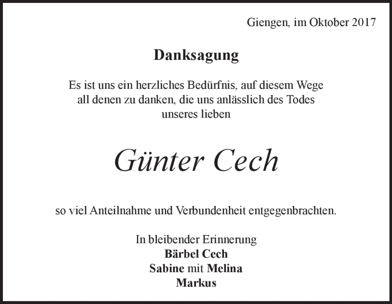  Traueranzeige für Günter Cech vom 19.10.2017 aus Heidenheimer Zeitung