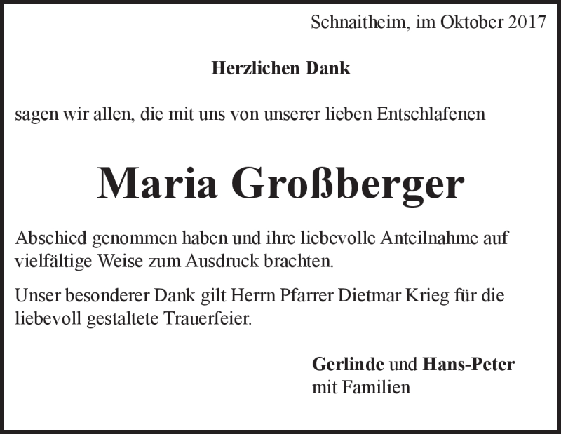 Traueranzeige für Maria Großberger vom 24.10.2017 aus Heidenheimer Zeitung