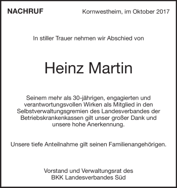 Traueranzeige von Heinz  Martin von Heidenheimer Zeitung