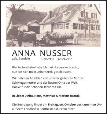Traueranzeige von Anna Nusser von Heidenheimer Zeitung