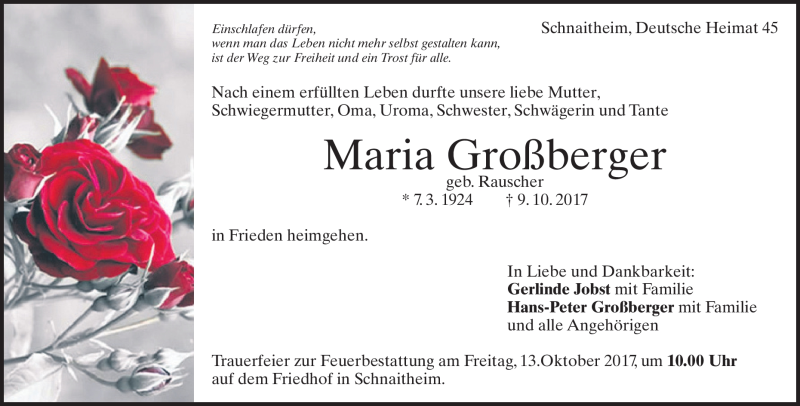  Traueranzeige für Maria Großberger vom 11.10.2017 aus Heidenheimer Zeitung