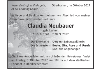 Traueranzeige von Claudia Neubauer von Heidenheimer Zeitung