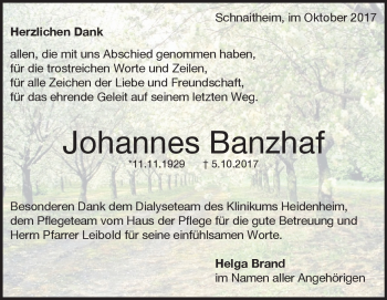 Traueranzeige von Johannes Banzhaf von Heidenheimer Zeitung