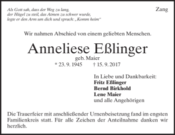 Traueranzeige von Anneliese Eßlinger von Heidenheimer Zeitung