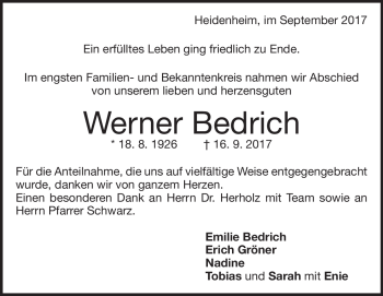 Traueranzeige von Werner Bedrich von Heidenheimer Zeitung