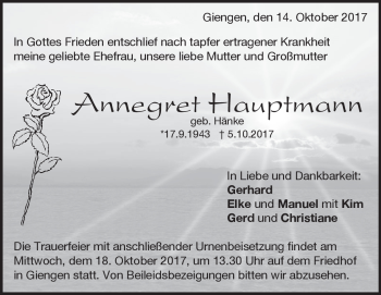 Traueranzeige von Annegret Hauptmann von Heidenheimer Zeitung