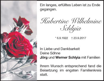 Traueranzeige von Hubertine Wilhelmine Schlyia von Heidenheimer Zeitung