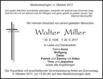 Traueranzeige von Walter Miller von Heidenheimer Zeitung