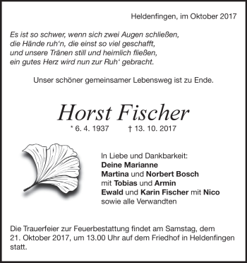 Traueranzeige von Horst Fischer von Heidenheimer Zeitung