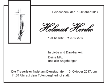 Traueranzeige von Helmut  Henke von Heidenheimer Zeitung