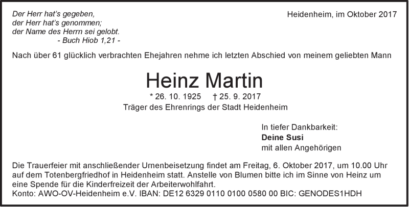  Traueranzeige für Heinz  Martin vom 02.10.2017 aus Heidenheimer Zeitung