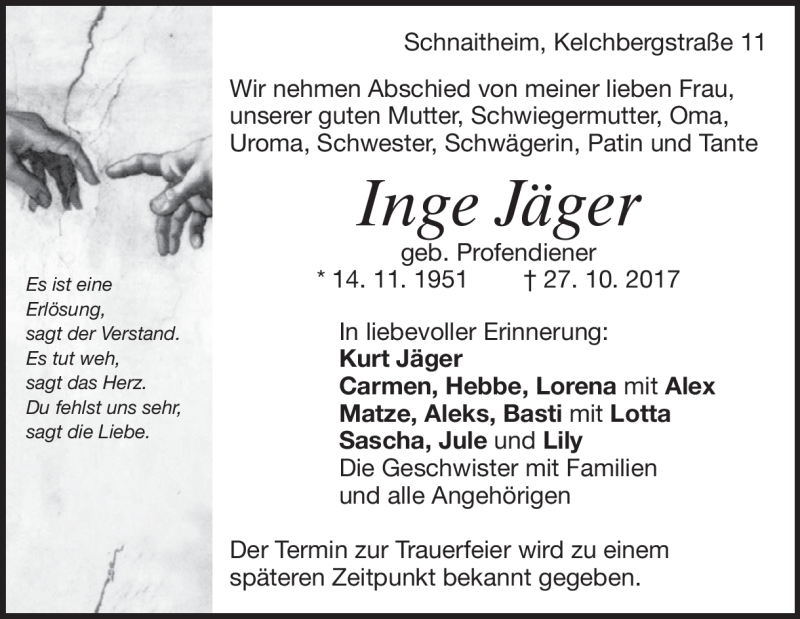  Traueranzeige für Inge Jäger vom 02.11.2017 aus Heidenheimer Zeitung