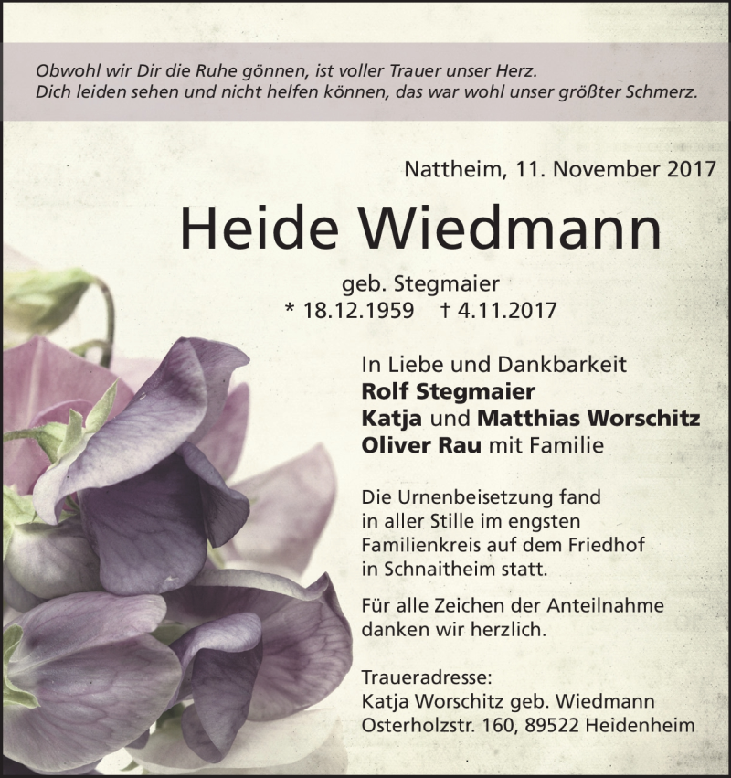  Traueranzeige für Heide Wiedmann vom 11.11.2017 aus Heidenheimer Zeitung