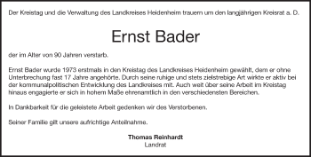 Traueranzeige von Ernst Bader 