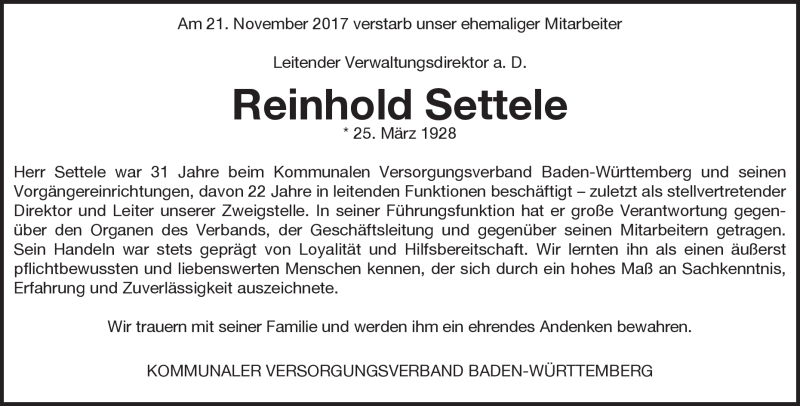  Traueranzeige für Reinhold Settele vom 24.11.2017 aus Heidenheimer Zeitung