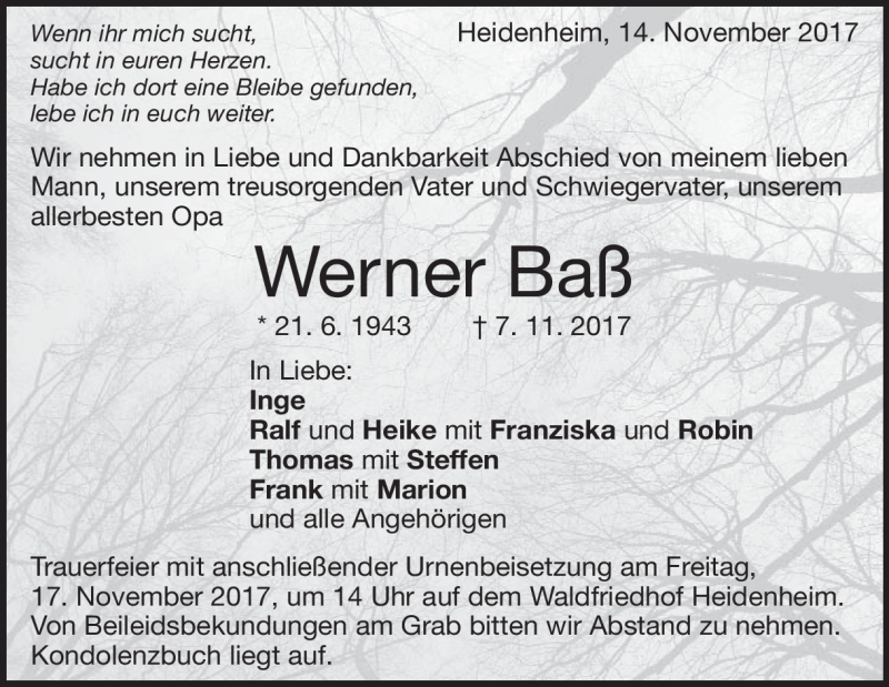  Traueranzeige für Werner Baß vom 14.11.2017 aus Heidenheimer Zeitung