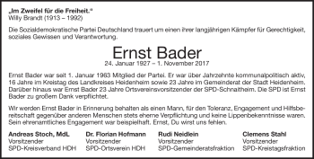 Traueranzeige von Ernst Bader von Heidenheimer Zeitung