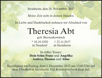 Traueranzeige von Theresia  Abt von Heidenheimer Zeitung