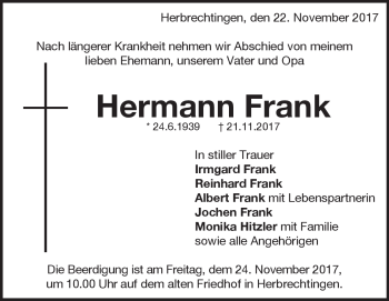 Traueranzeige von Hermann Frank von Heidenheimer Zeitung