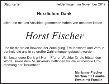 Traueranzeige von Horst Fischer von Heidenheimer Zeitung