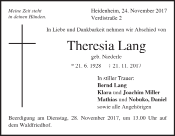 Traueranzeige von Theresia Lang von Heidenheimer Zeitung