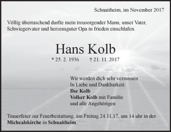 Traueranzeige von Hans Kolb von Heidenheimer Zeitung