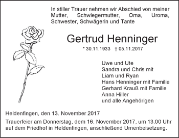 Traueranzeige von Gertrud Henninger von Heidenheimer Zeitung