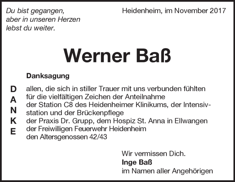  Traueranzeige für Werner Baß vom 23.11.2017 aus Heidenheimer Zeitung