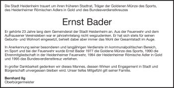 Traueranzeige von Ernst Bader von Heidenheimer Zeitung