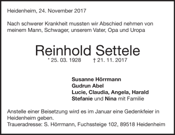 Traueranzeige von Reinhold Settele von Heidenheimer Zeitung